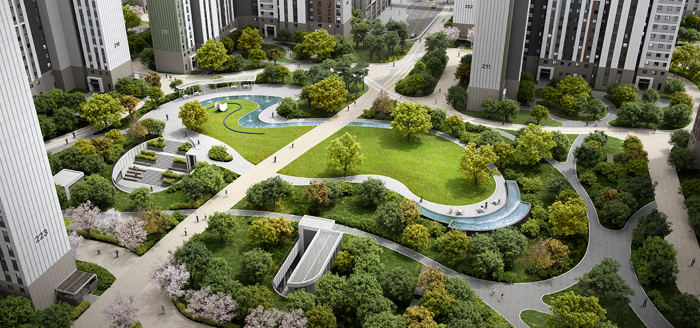 세련된 경관의 평온함과 커뮤니티의 활기와 함께 다양한 컨셉을 담은 섬세한 감각의 조경